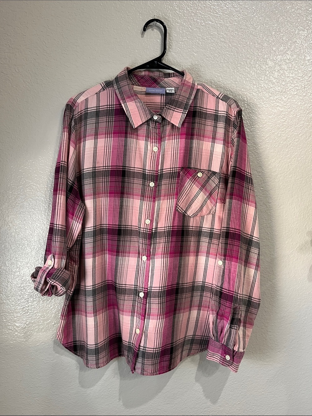 Laura Scott Pink Black Plaid Button-Down Shirt Sz XL Casual Business Chic